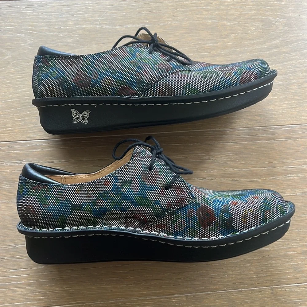 NWT Alegria Bree Multi Dot Floral Black Flats Leather Loafers Clog